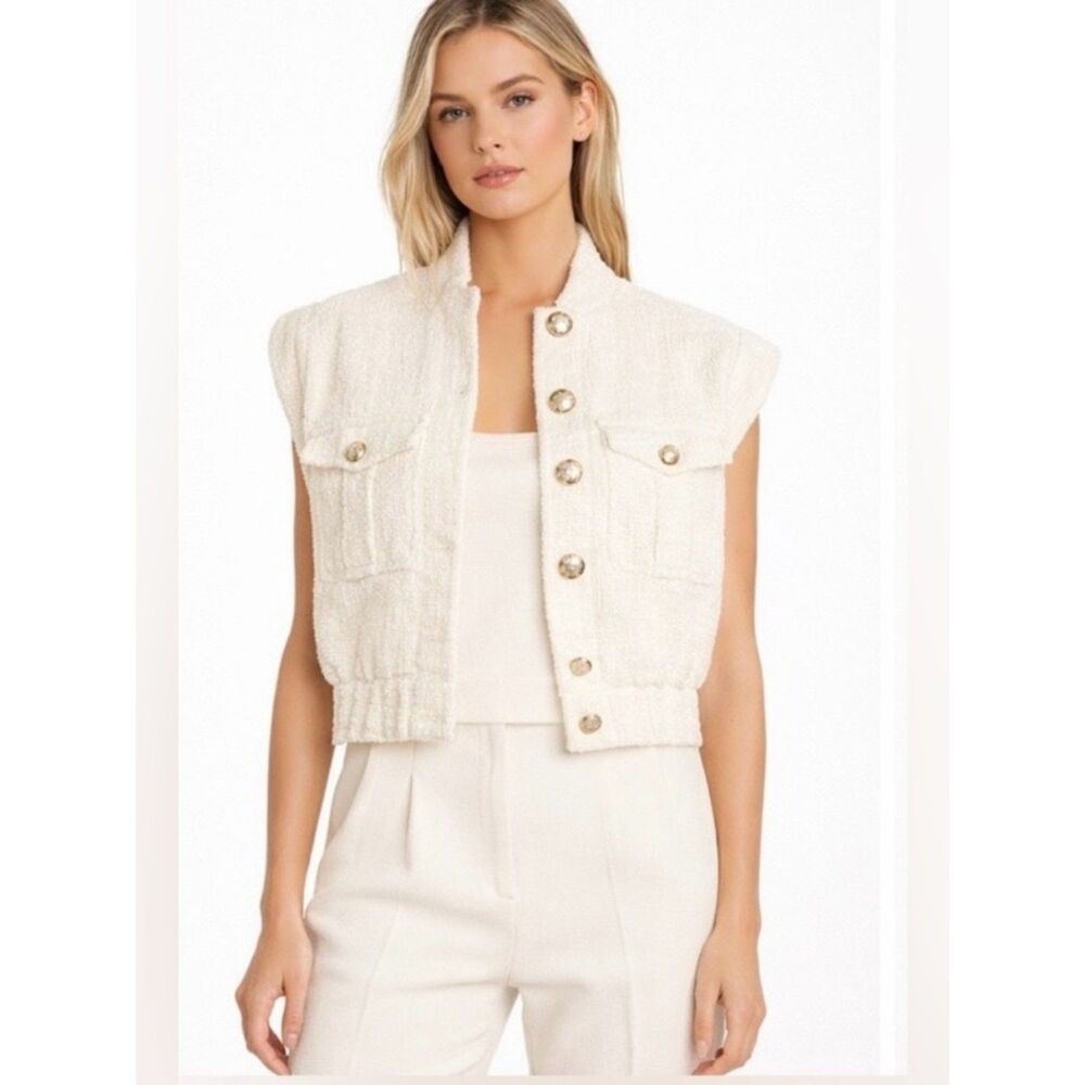 Christian Lacroix NWT Ivory Bouclé Cropped Utility Vest Gold Buttons Medium